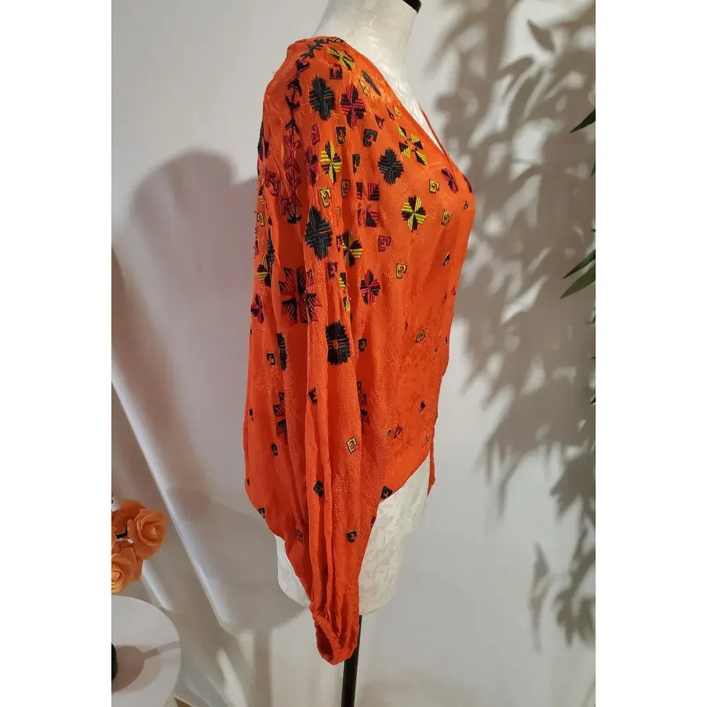 Free People Music In Time Embroidered Beaded V-Neck Blouse Top Sz S Orange Boho